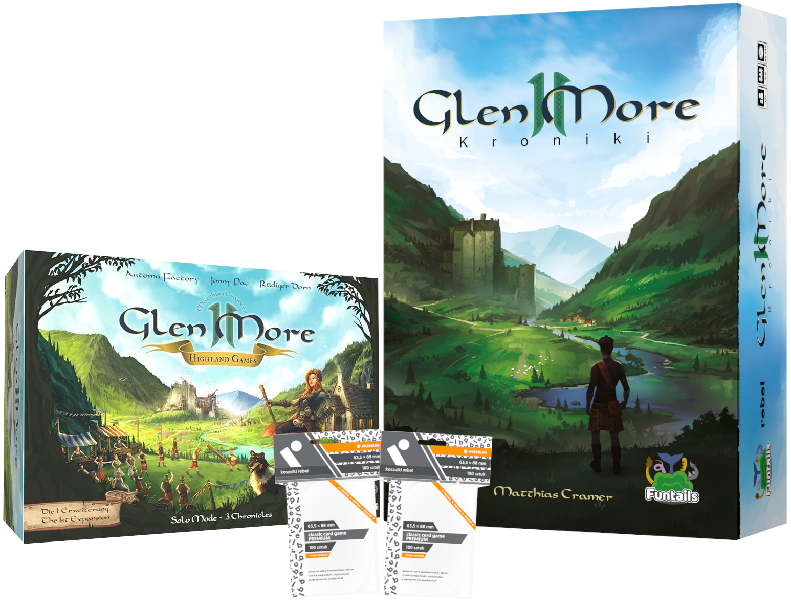 Pakiet Glen More II: Kroniki + dodatek Highland Games + koszulki Rebel (63,5x88 mm) Classic Card Game Premium